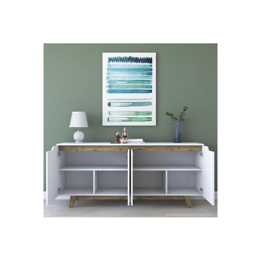 Buffet con 4 Puertas y Patas de Madera Resistente - Nogal-Blanco - 180x45x78,5cm