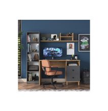 Mesa de Trabajo con Estantería y 2 Cajones, Color Antracita-Natural, 160x50x161.8 cm.