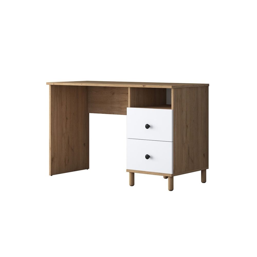 Mesa de Trabajo con Estantería y 2 Cajones, Color Blanco-Natural, 160x50x161.8 cm.