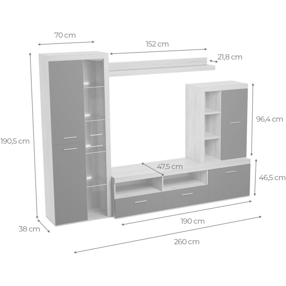 Mueble de Salón Moderno con Leds,Acabado en Andersen Pino, Medidas: 260 cm (An) x 191 cm (Al) 47,5 cm (Fon) Meyvaser