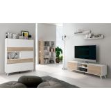 Conjunto de Salón Mueble Completo: Bajo TV, Vitrina, Estantería Decorativa y 2 Estantes - Estilo Roble y Blanco.