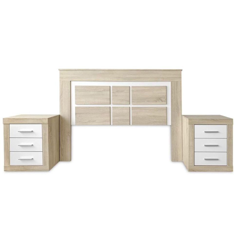 BricoExpo - Pack Cabecero de 160 x 120 cm + 2 Mesitas de Noche |Color Cambria y Blanco (para Cama de 135-140 o 160)