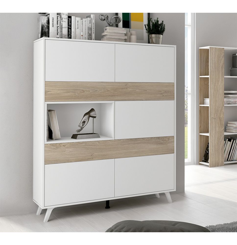 Mueble Vitrina, Mueble de salón, Aparador cocina, Color Roble y Blanco, Medidas: 120 cm (An) x 150 cm (Al) x 40 cm (Fon)
