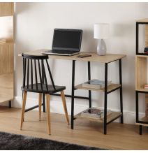 Mesa Escritorio Industrial con Estante y 2 Baldas – MDF Negro, Estructura Metálica y Roble, 110x50x75 cm