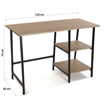 Mesa Escritorio Industrial con Estante y 2 Baldas – MDF Negro, Estructura Metálica y Roble, 110x50x75 cm