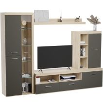 Mueble de Salón Moderno con Leds, Acabado en Cambria - Grafito, Medidas: 260 cm (Ancho) x 191 cm (Alto) 47,5 cm (Fondo)