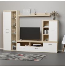 Mueble de Salón Moderno con Leds, Acabado en Cambria - Blanco, Medidas: 260 cm (Ancho) x 191 cm (Alto) 47,5 cm (Fondo)