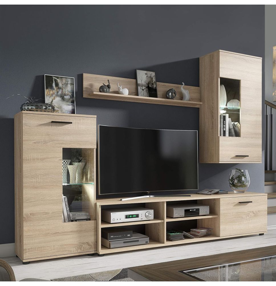 Mueble de Salón Moderno con Leds, Acabado en Cambria, Medidas: 229 cm (Ancho) x 200 cm (Alto) 38 cm (Fondo)