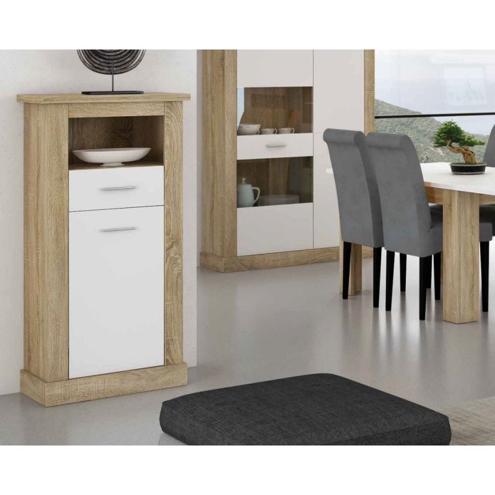 Mueble de Comedor, Mueble Salón, Acabado en Blanco y Cambria, Medidas: 326 cm (Ancho) x 174,7 cm (Alto) x 41,8 cm (Fondo)