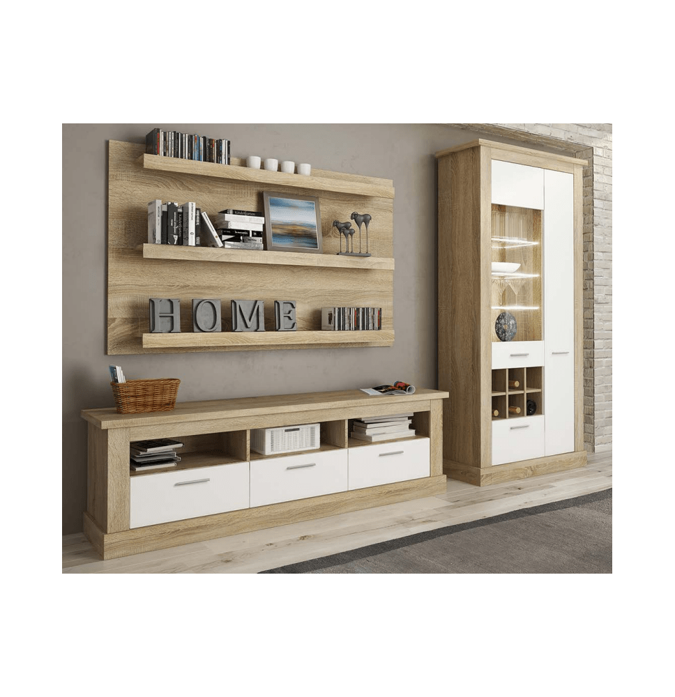 Mueble de Comedor, Mueble Salón, Acabado en Blanco y Cambria, Medidas: 276 cm (Ancho) x 201,6 cm (Alto) x 41,8 cm (Fondo)