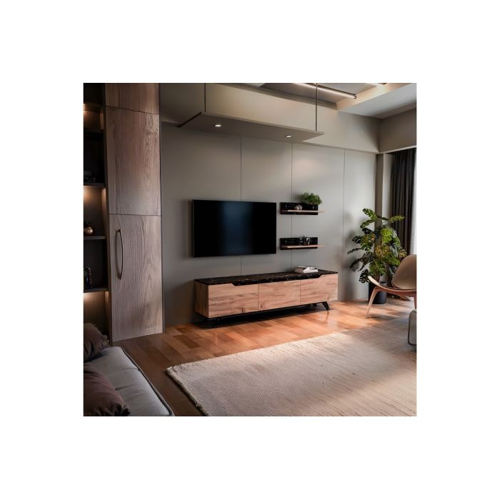 Mueble Mesa TV Completo en Melamina Color Roble y Negro, 180x35x48.5 cm, con 2 Estantes