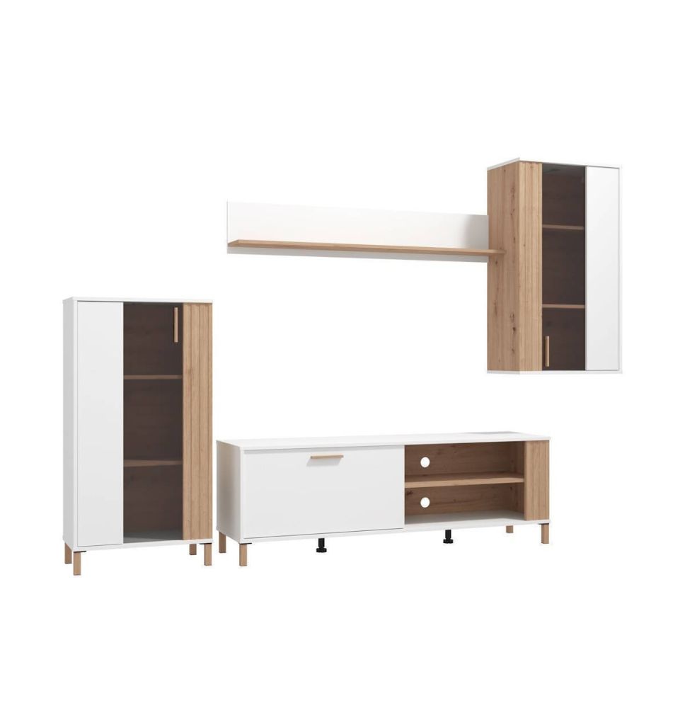 Composición de Salón en Roble Artisan y Blanco con Tiradores y Patas en Color Roble- Medidas 263x40x170 cm