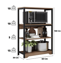 Meyvaser Estantería de Cocina con Marco de Metal Negro, Estante Industrial para microondas 60x30x100 Cm