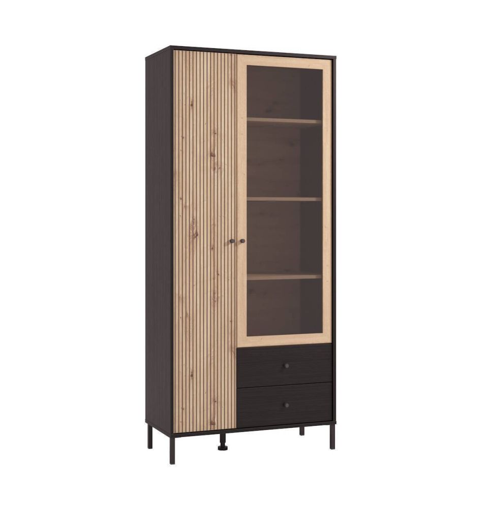 Vitrina Alta en Roble Artisan y Negro con Puerta Estrecha, Puerta Acristalada y 2 Cajones - Medidas 86,5x40x195 cm