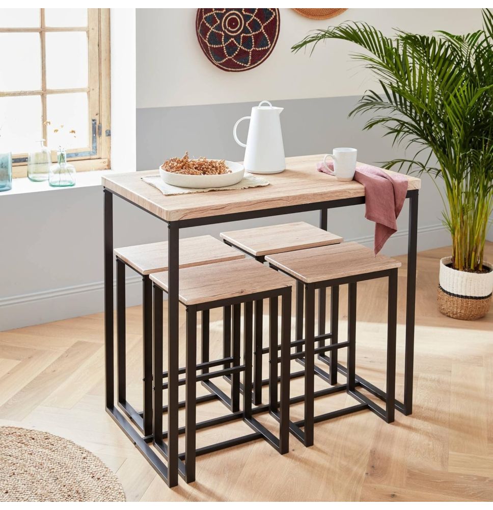 Conjunto de Mesa y 4 Taburetes con Estructura Metálica, Tapa y Asientos en MDF Roble - Mesa 100x60x86 cm, Taburete 43x30x60 cm
