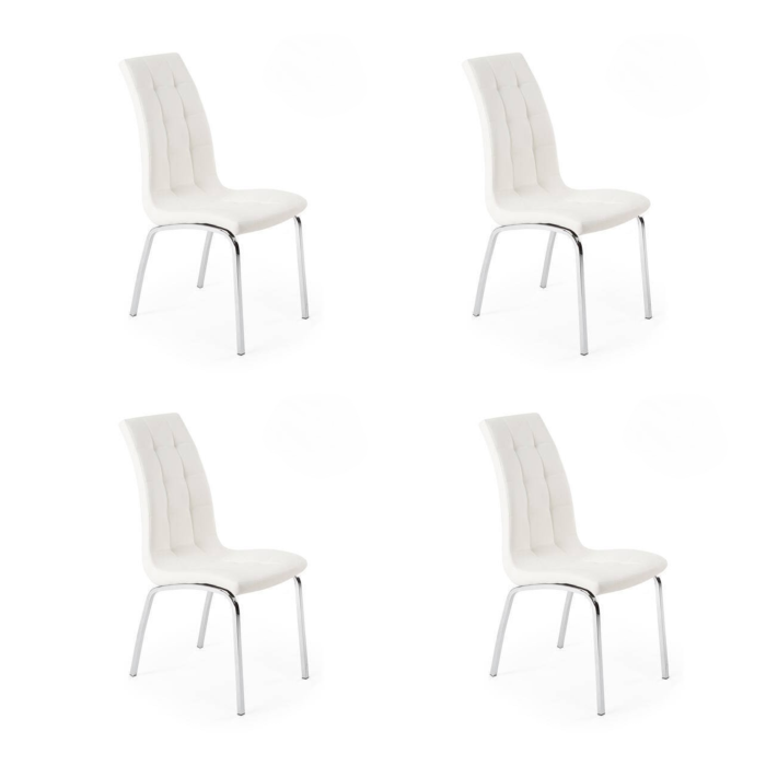 Juego de 4 Sillas Tapizadas en Símil Piel Blanco con Patas Cromadas, Asiento y Respaldo Ergonómicos- Medidas 43x63x97 cm