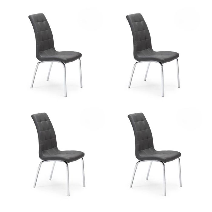 Juego de 4 Sillas Tapizadas en Símil Piel Gris Oscuro con Patas Cromadas, Asiento y Respaldo Ergonómicos- Medidas 43x63x97 cm