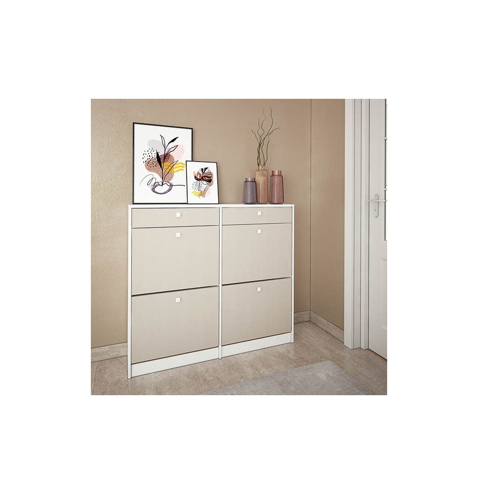 Mueble Zapatero con 4 Puertas y 2 Cajones | Acabado Blanco/Textil | 116,8 x 104,3 x 27 cm