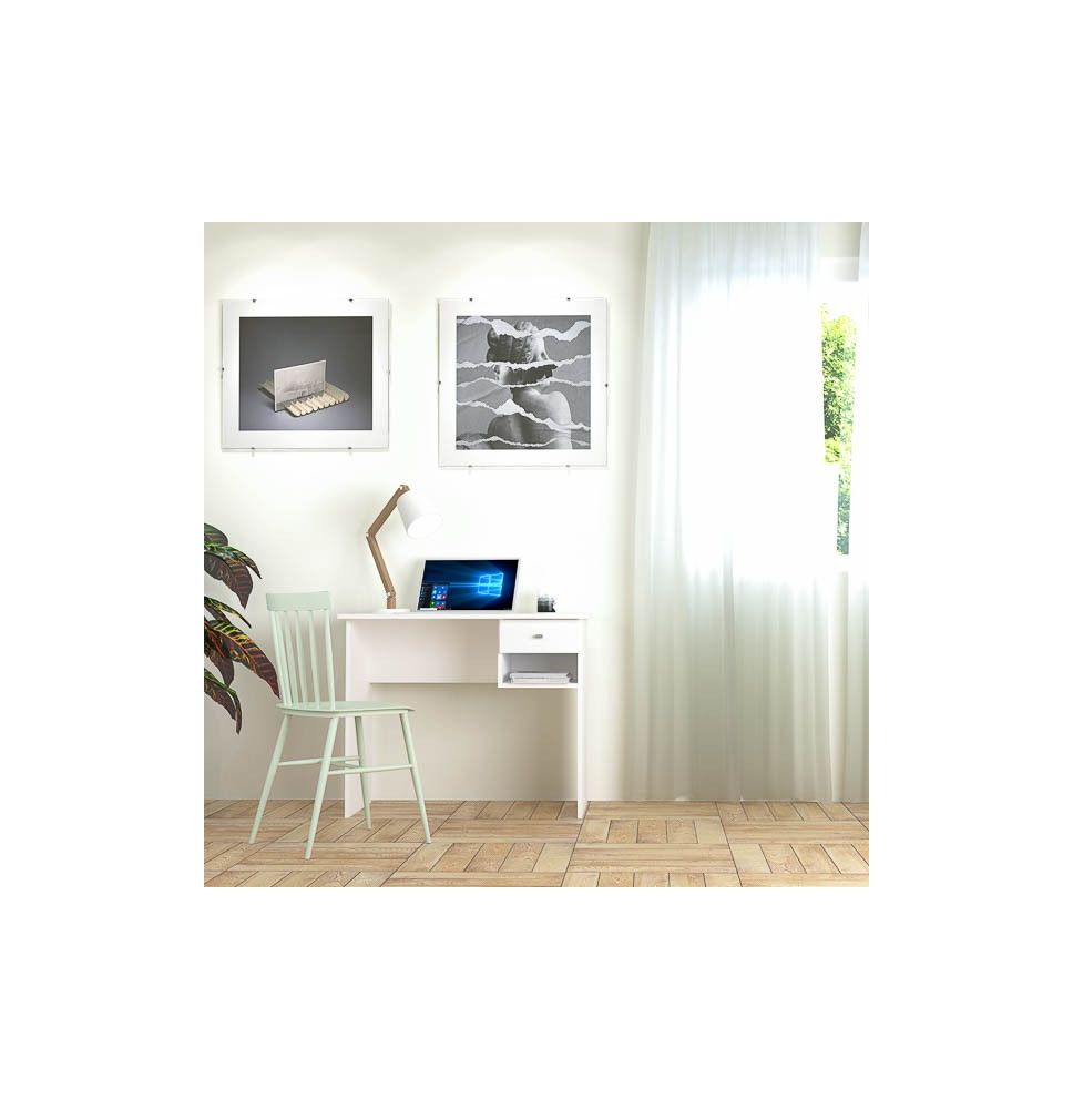 Mesa de Escritorio y Trabajo en Color Blanco, 90x50x74cm - Con Cajón y Estante para Oficina o Estudio