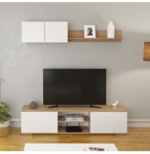 Mueble Salón Comedor 2 Módulos y 1 Estantería con puertas Color Blanco Y roble Estilo Moderno 180x80x40 Cm