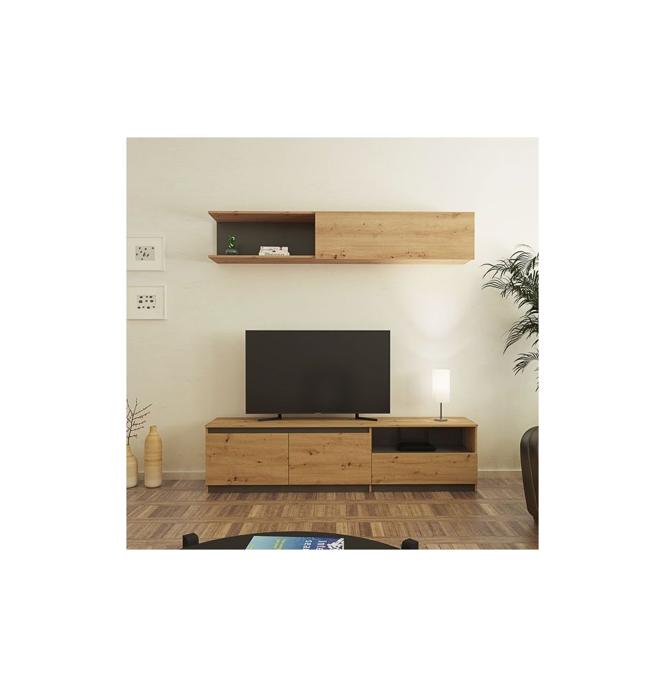 Mueble de TV de Diseño + Modulo Alto de Almacenamiento y 2 Puertas,Roble y Gris 85 cm(Alto) x 200cm (Ancho) x 40cm (Fondo)