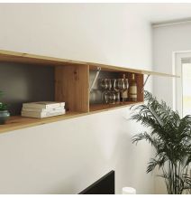 Mueble de TV de Diseño + Modulo Alto de Almacenamiento y 2 Puertas,Roble y Gris 85 cm(Alto) x 200cm (Ancho) x 40cm (Fondo)