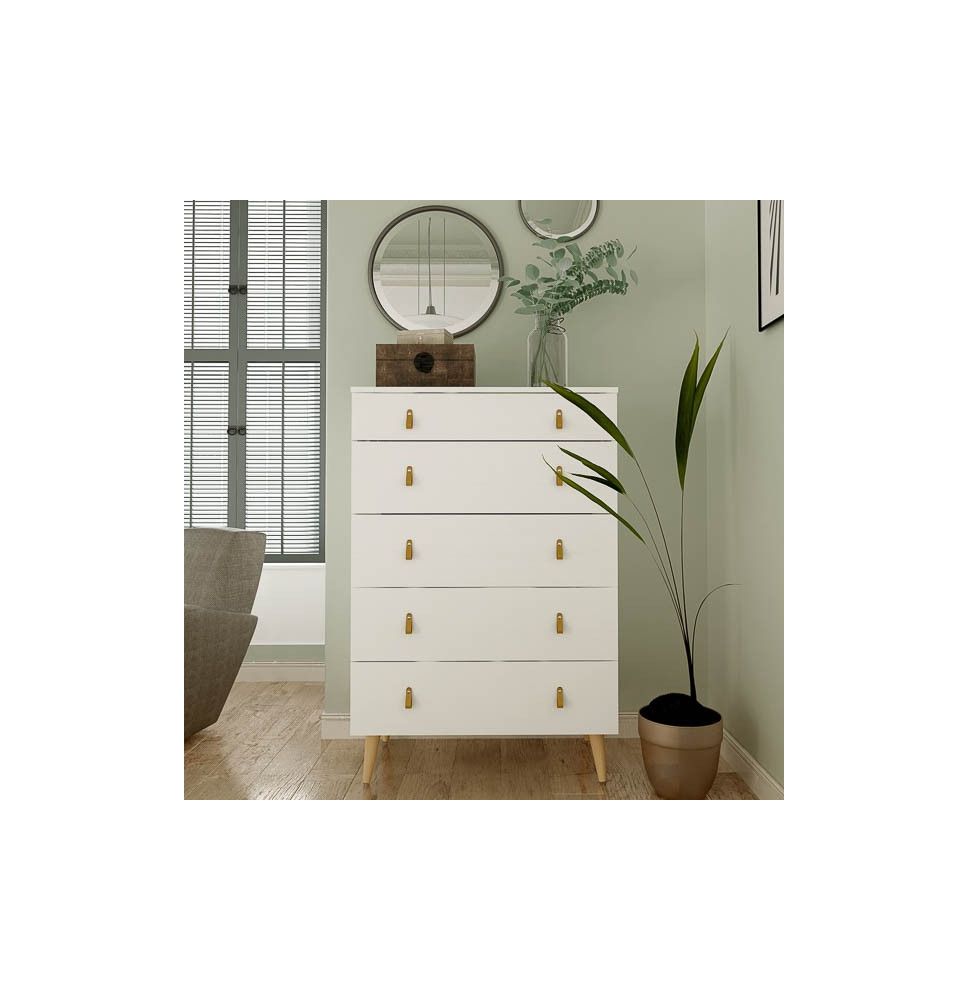 Cómoda con 5 Cajones, para Dormitorio, Acabado en Color Blanco, Medidas: 80 cm (Ancho) x 120 cm (Alto) x 48 cm (Fondo)