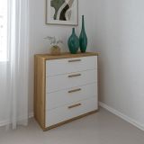Cómoda con 4 Cajones, para Dormitorio, Acabado en Color Blanco y Roble