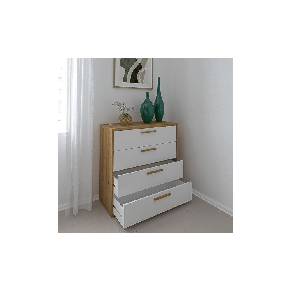 Cómoda con 4 Cajones, para Dormitorio, Acabado en Color Blanco y Roble
