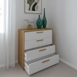 Cómoda con 4 Cajones, para Dormitorio, Acabado en Color Blanco y Roble