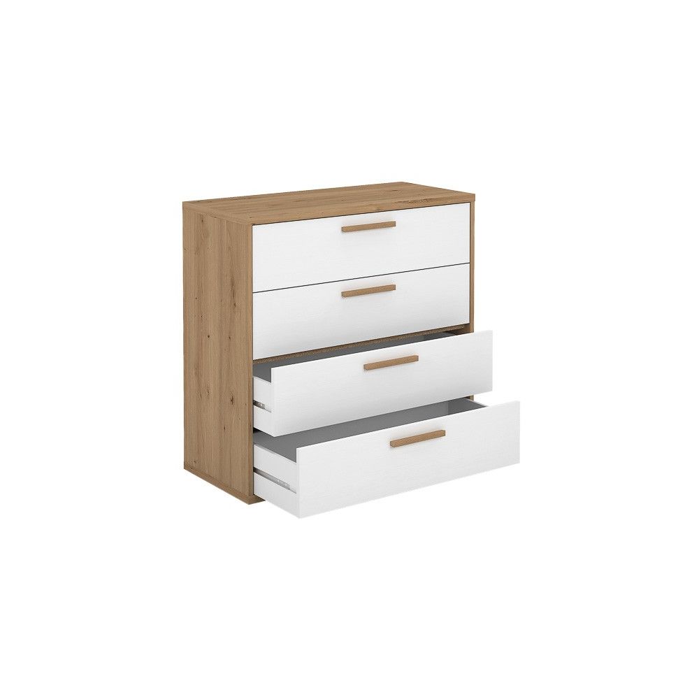 Cómoda con 4 Cajones, para Dormitorio, Acabado en Color Blanco y Roble