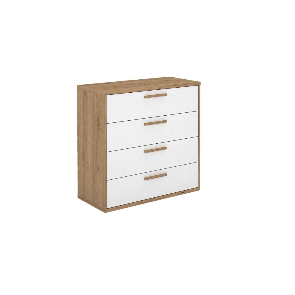 Cómoda con 4 Cajones, para Dormitorio, Acabado en Color Blanco y Roble