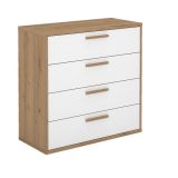 Cómoda con 4 Cajones, para Dormitorio, Acabado en Color Blanco y Roble