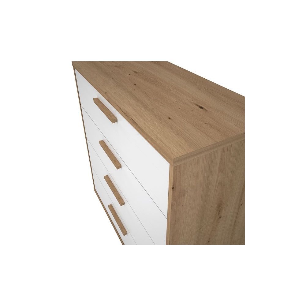 Cómoda con 4 Cajones, para Dormitorio, Acabado en Color Blanco y Roble