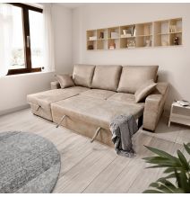 Sofá Cama 3 Plazas Reversible con Chaiselongue y Almacenaje, Tapizado en Tela Piedra, 229x93x153 cm