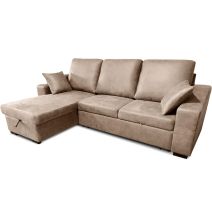 Sofá Cama 3 Plazas Reversible con Chaiselongue y Almacenaje, Tapizado en Tela Piedra, 229x93x153 cm