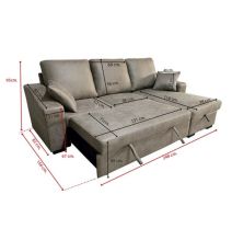 Sofá Cama 3 Plazas Reversible con Chaiselongue y Almacenaje, Tapizado en Tela Piedra, 229x93x153 cm