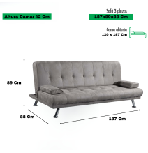 Sofá Cama 3 Plazas de Diseño Moderno con Cojines Decorativos, Estructura de Madera, Color Gris Cemento, 188x88x88 cm