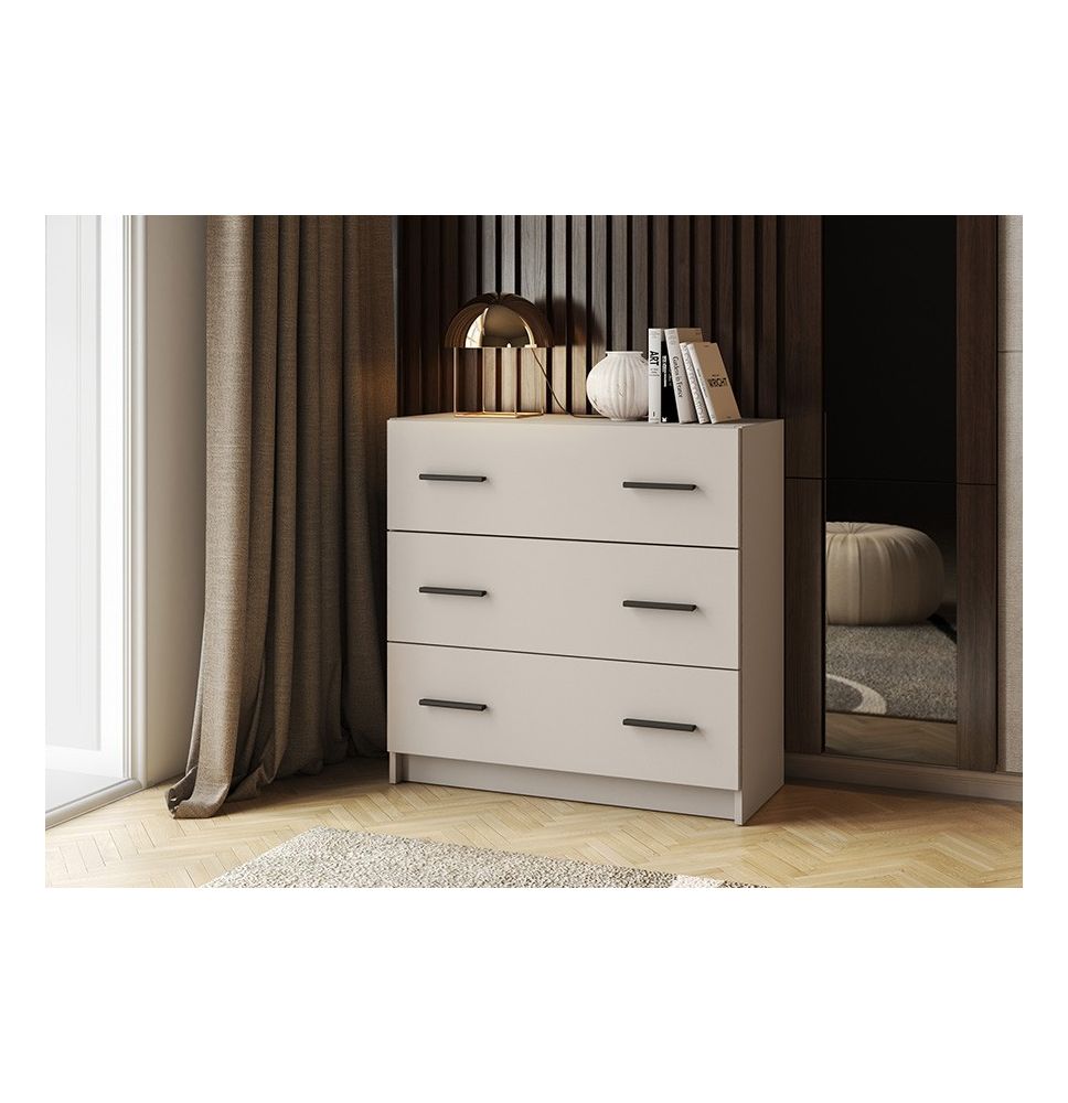 Cómoda de 3 Cajones para Dormitorio, Cajonera Dormitorio, Acabado en Beige y Negro, 80 cm (Lar) x 81 cm (Al) x 34,4 cm (Fon)