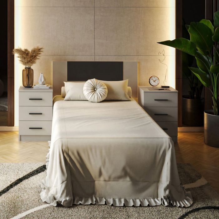 Conjunto Pack Cabecero y 2 Mesitas de Noche,Mesilla de noche 3 Cajones Color Beige, Medidas:110x45x1,6 cm (LargoxAltoxProfundo)