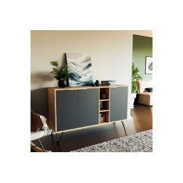 Buffet en Roble Claro y Grafito 3 puertas con Patas de Metal, 142x35.5x83 cm.